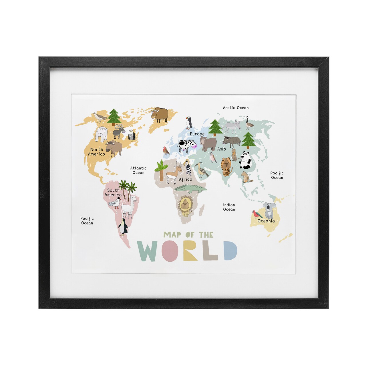 Stupell Industries Map Of World Pastel Animals Framed Print Under Glass, design by Carla Daly